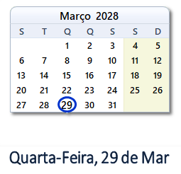 29 Março 2028 calendario