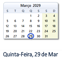29 Março 2029 calendario
