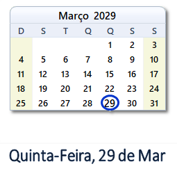 29 Março 2029 calendario