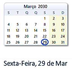 29 Março 2030 calendario