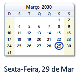 29 Março 2030 calendario