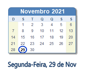 29 Novembro 2021 calendario