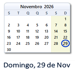 29 Novembro 2026 calendario