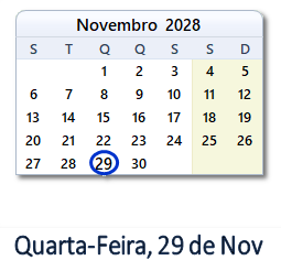 29 Novembro 2028 calendario