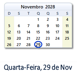 29 Novembro 2028 calendario