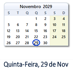 29 Novembro 2029 calendario