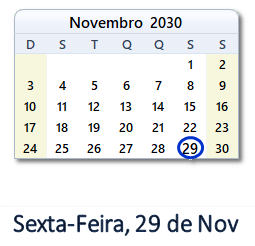 29 Novembro 2030 calendario