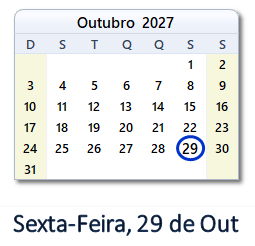 29 Outubro 2027 calendario