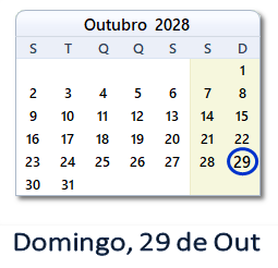 29 Outubro 2028 calendario