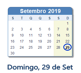 29 Setembro 2019 calendario