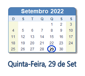 29 Setembro 2022 calendario