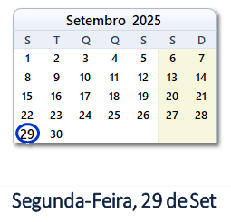 29 Setembro 2025 calendario