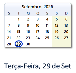 29 Setembro 2026 calendario