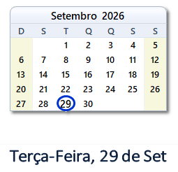 29 Setembro 2026 calendario
