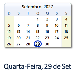 29 Setembro 2027 calendario