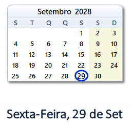 29 Setembro 2028 calendario