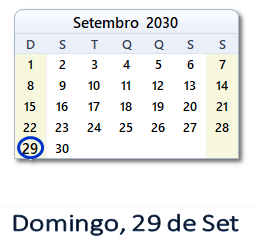 29 Setembro 2030 calendario