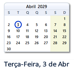 3 Abril 2029 calendario
