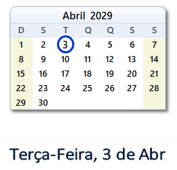 3 Abril 2029 calendario