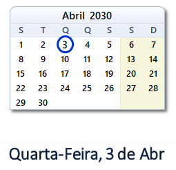 3 Abril 2030 calendario