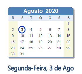 3 Agosto 2020 calendario