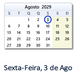 3 Agosto 2029 calendario