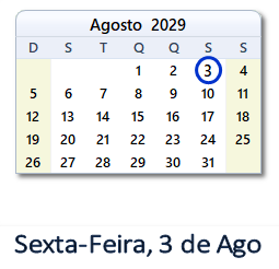 3 Agosto 2029 calendario