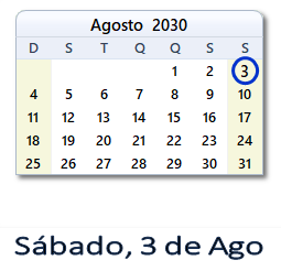 3 Agosto 2030 calendario