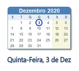 3 Dezembro 2020 calendario