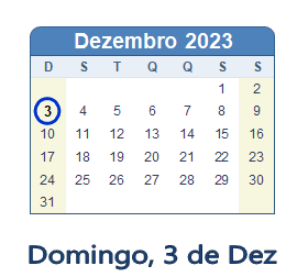 3 Dezembro 2023 calendario