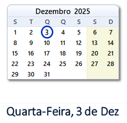 3 Dezembro 2025 calendario
