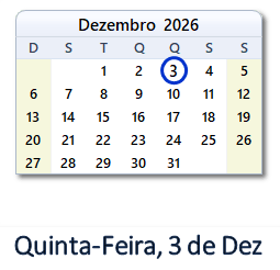 3 Dezembro 2026 calendario