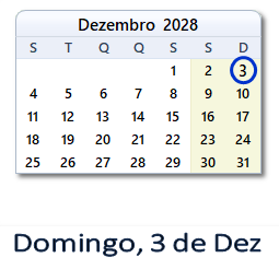 3 Dezembro 2028 calendario