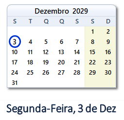 3 Dezembro 2029 calendario