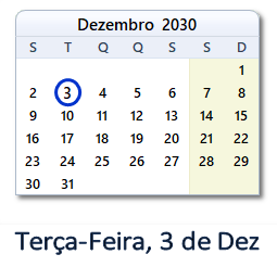 3 Dezembro 2030 calendario