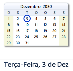 3 Dezembro 2030 calendario