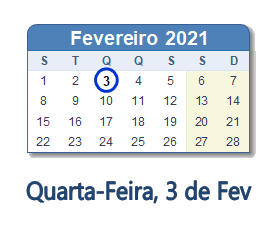 3 Fevereiro 2021 calendario