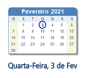 3 Fevereiro 2021 calendario