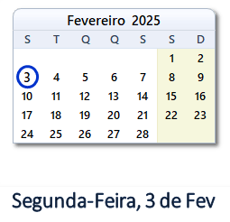3 Fevereiro 2025 calendario