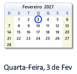3 Fevereiro 2027 calendario