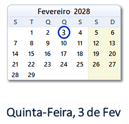 3 Fevereiro 2028 calendario