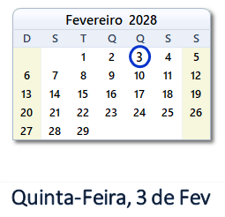 3 Fevereiro 2028 calendario
