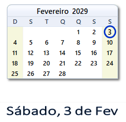 3 Fevereiro 2029 calendario