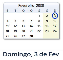 3 Fevereiro 2030 calendario