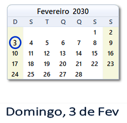 3 Fevereiro 2030 calendario
