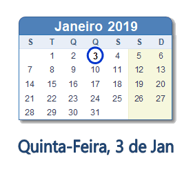 3 Janeiro 2019 calendario