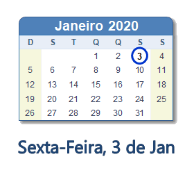 3 Janeiro 2020 calendario
