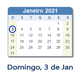 3 Janeiro 2021 calendario