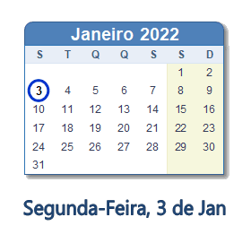 3 Janeiro 2022 calendario