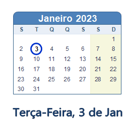 3 Janeiro 2023 calendario